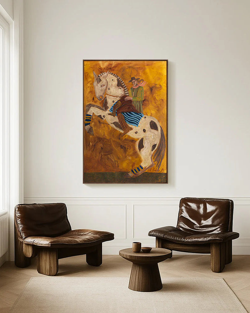Large original canvas oil painting of man riding a horse with warm earthy tones to create a captivating piece. 