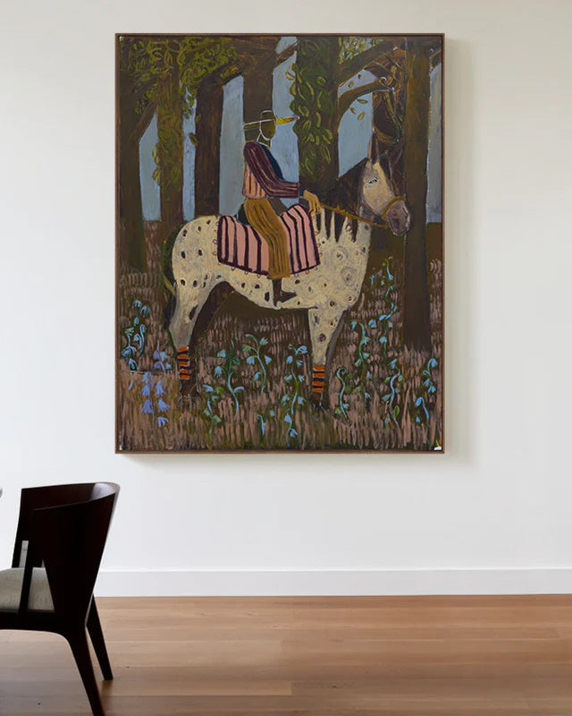 Painting of a horse in an enchanted forest with soft blue flowers around. 