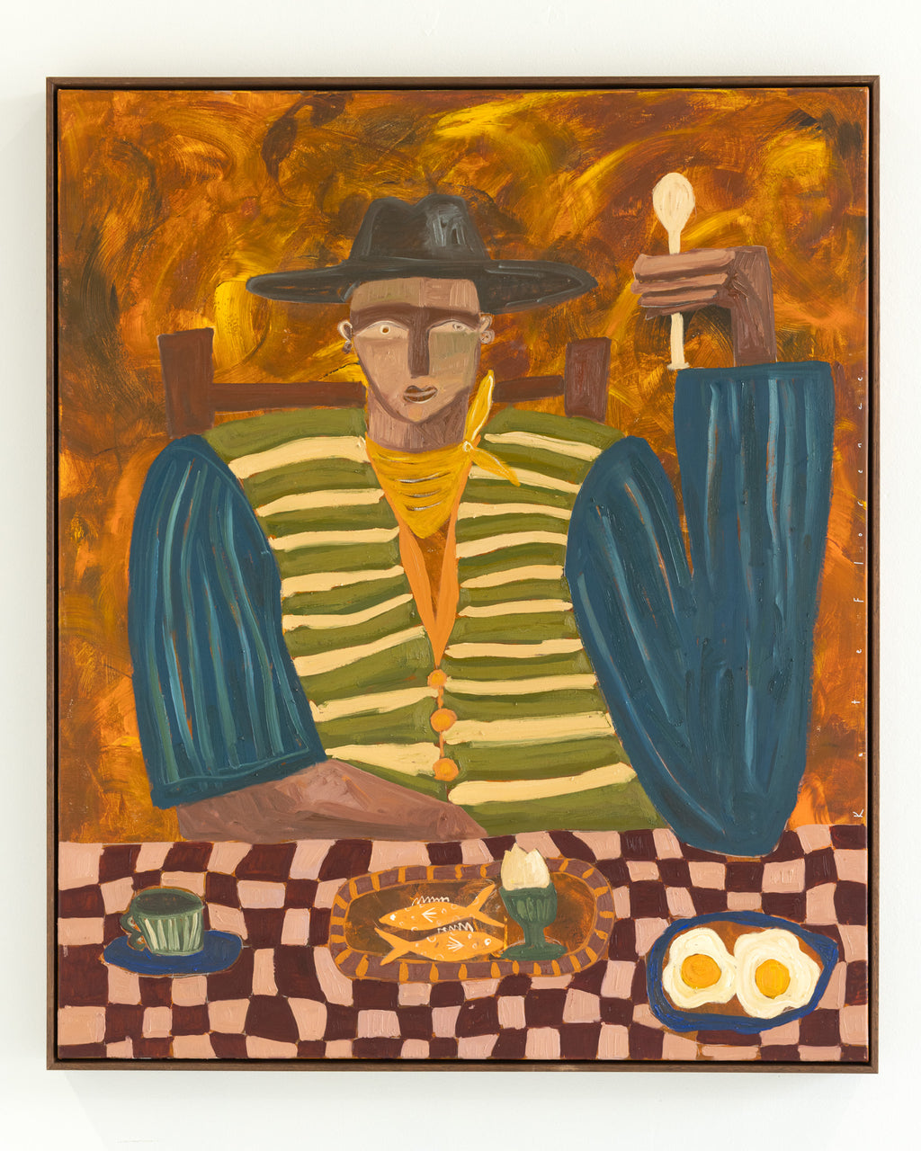 Artistic depiction of a person with a hat, striped shirt, and gloves, holding a candle, with eggs and fish on a breakfast checkered tablecloth.