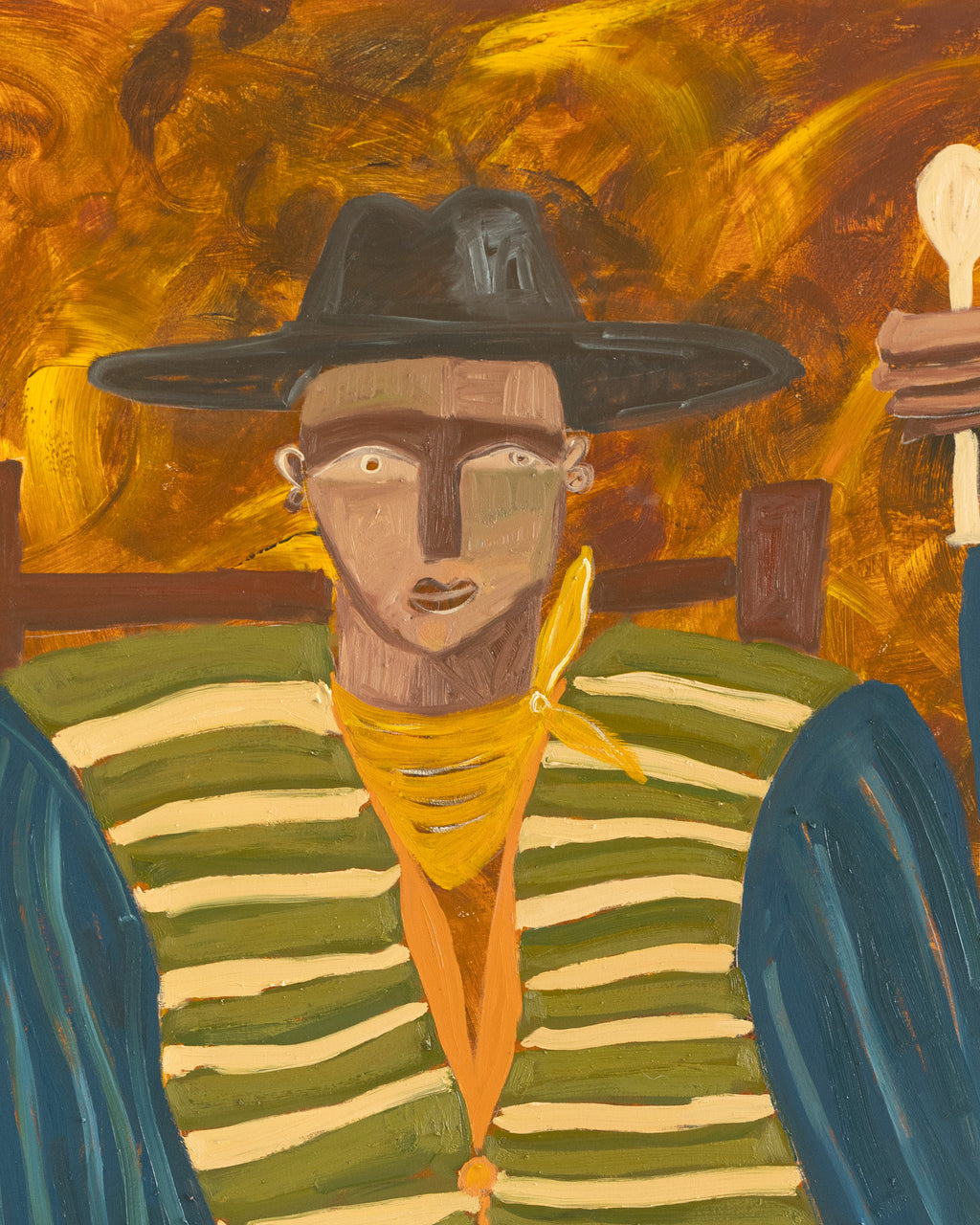 Artistic depiction of a person wearing a black hat and striped shirt with a yellow bandana against an abstract background.