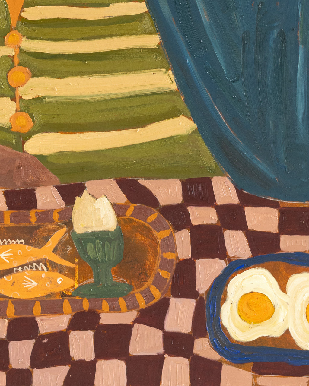 Artistic depiction of a checkered tablecloth with eggs and a blue bowl.