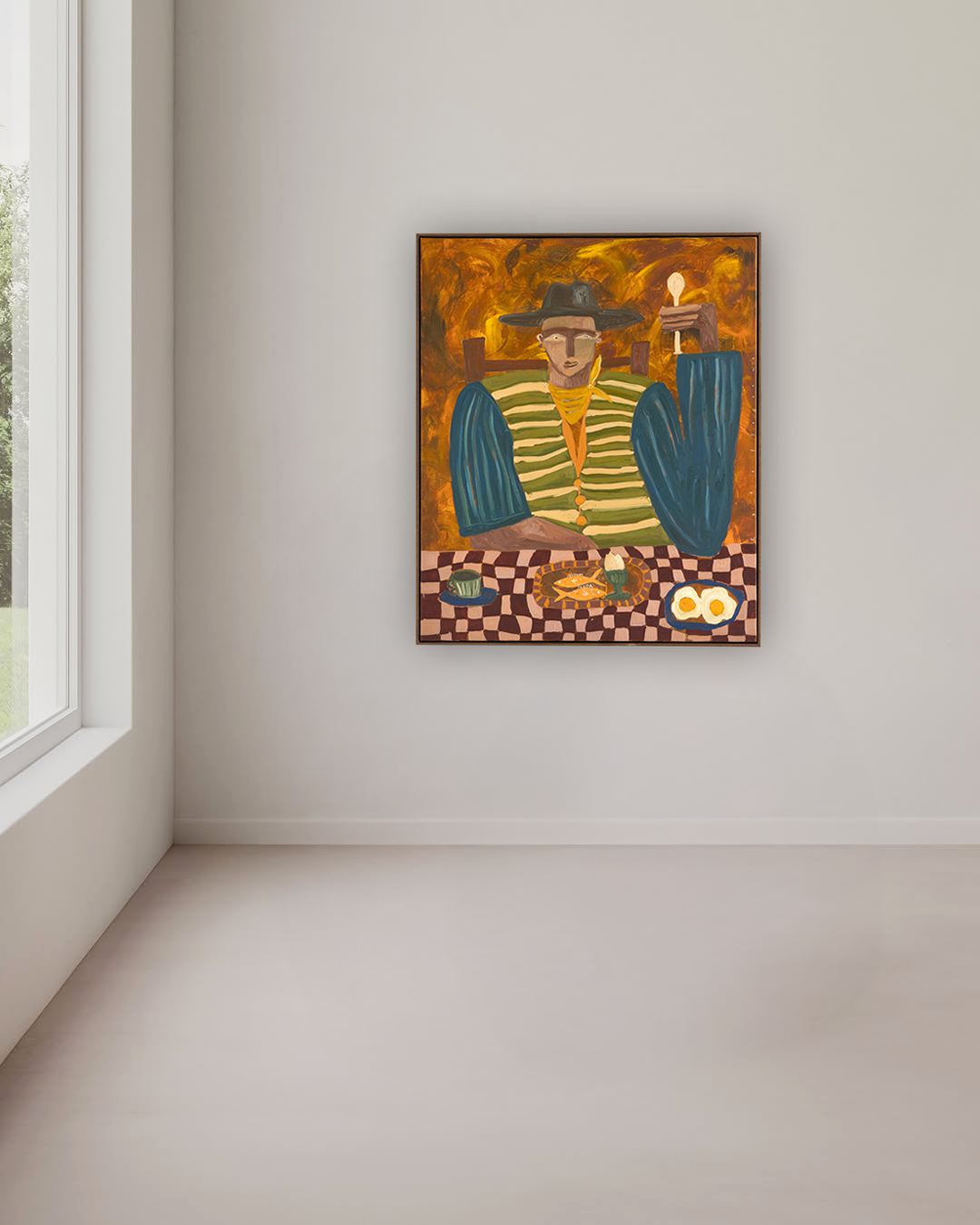 Framed artwork of a person eating a nostalgic meal with a checkered tablecloth in a minimalistic room.