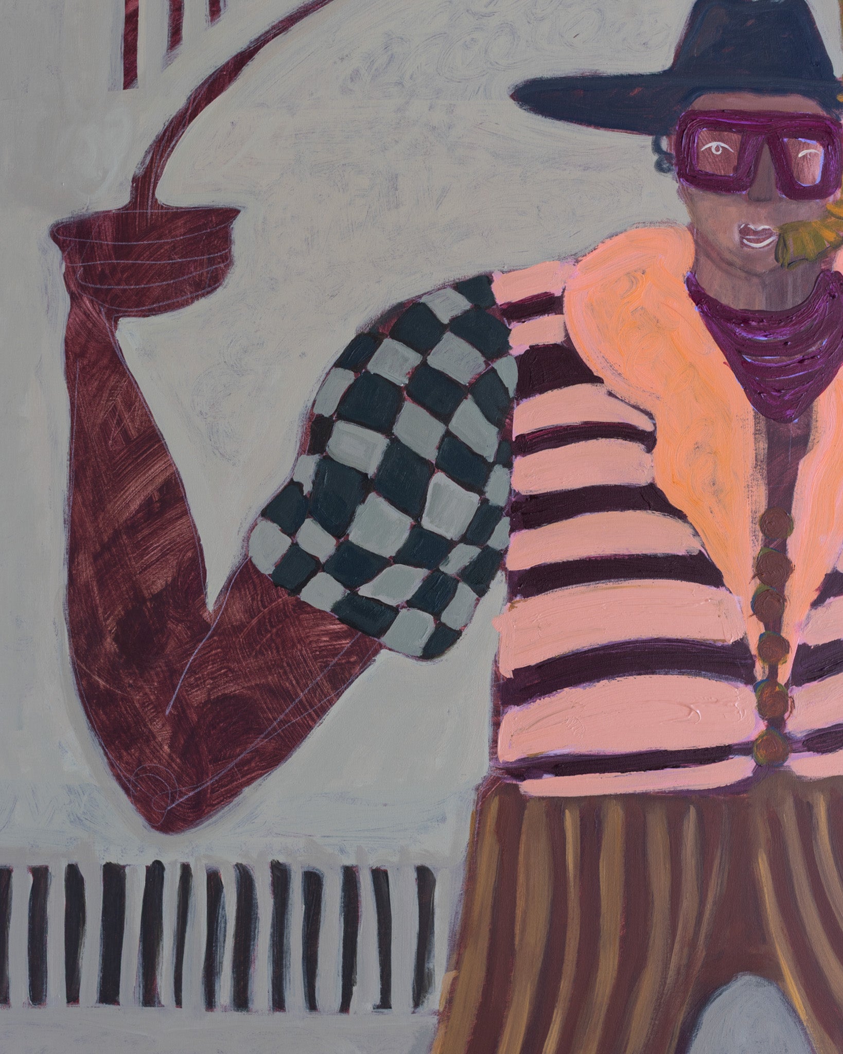 Large original canvas painting of a fisherman with a large fish. Acrylic paint with a very vibrant and playful palette.