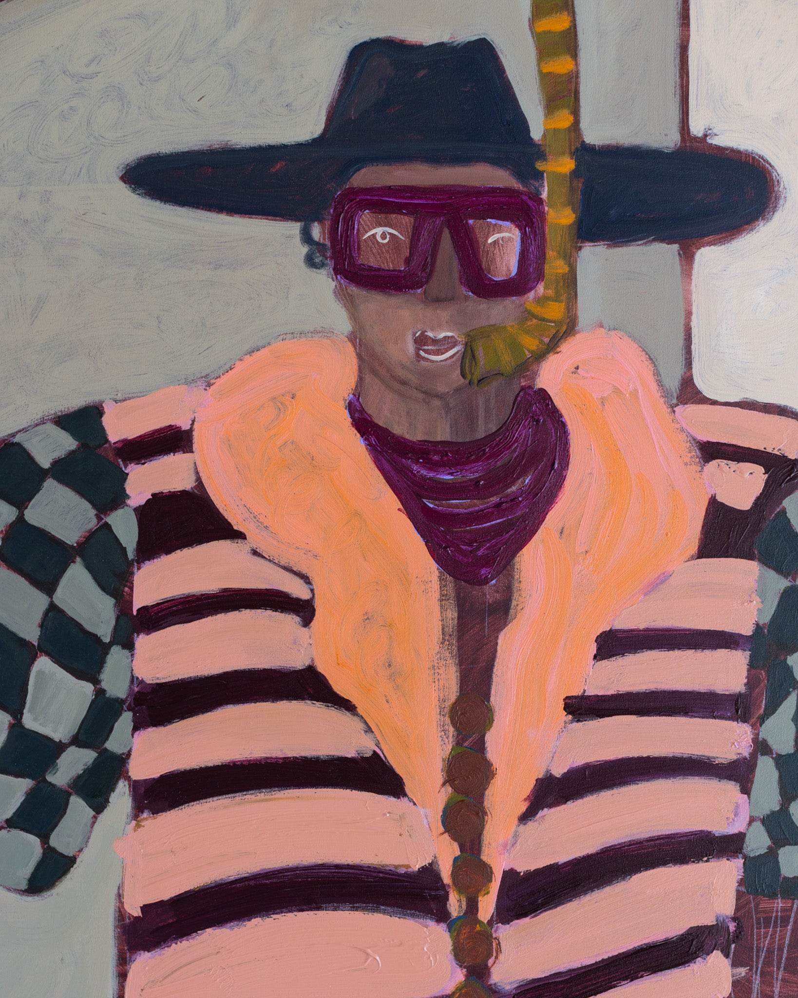 Large original canvas painting of a fisherman with a large fish. Acrylic paint with a very vibrant and playful palette.