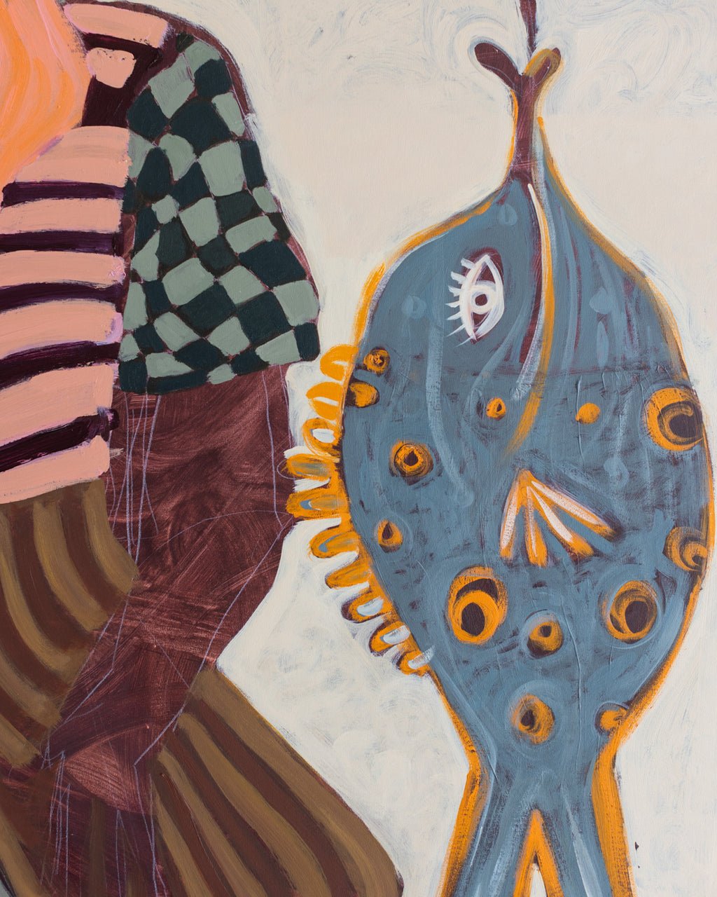 Large original canvas painting of a fisherman with a large fish. Acrylic paint with a very vibrant and playful palette.