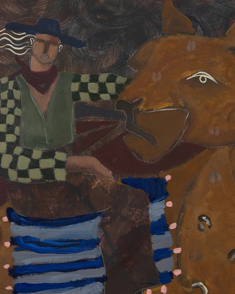 Artistic depiction of a person with a checkered vest and striped pants riding a big abstract cat.