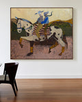 Original acrylic painting of a couple riding a horse. Abstract painting with earthy, warm palette.