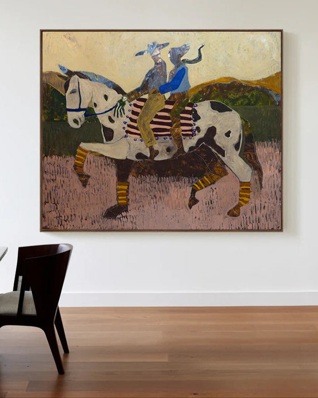 Original acrylic painting of a couple riding a horse. Abstract painting with earthy, warm palette.