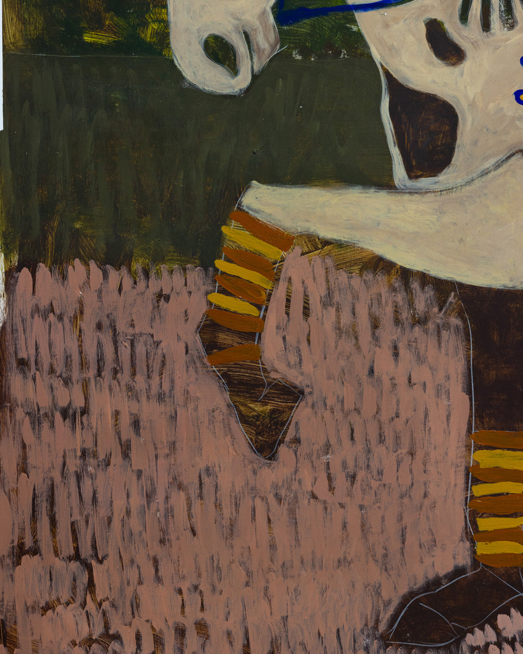 Abstract artwork with a white horse, pink textured area, and brown elements.