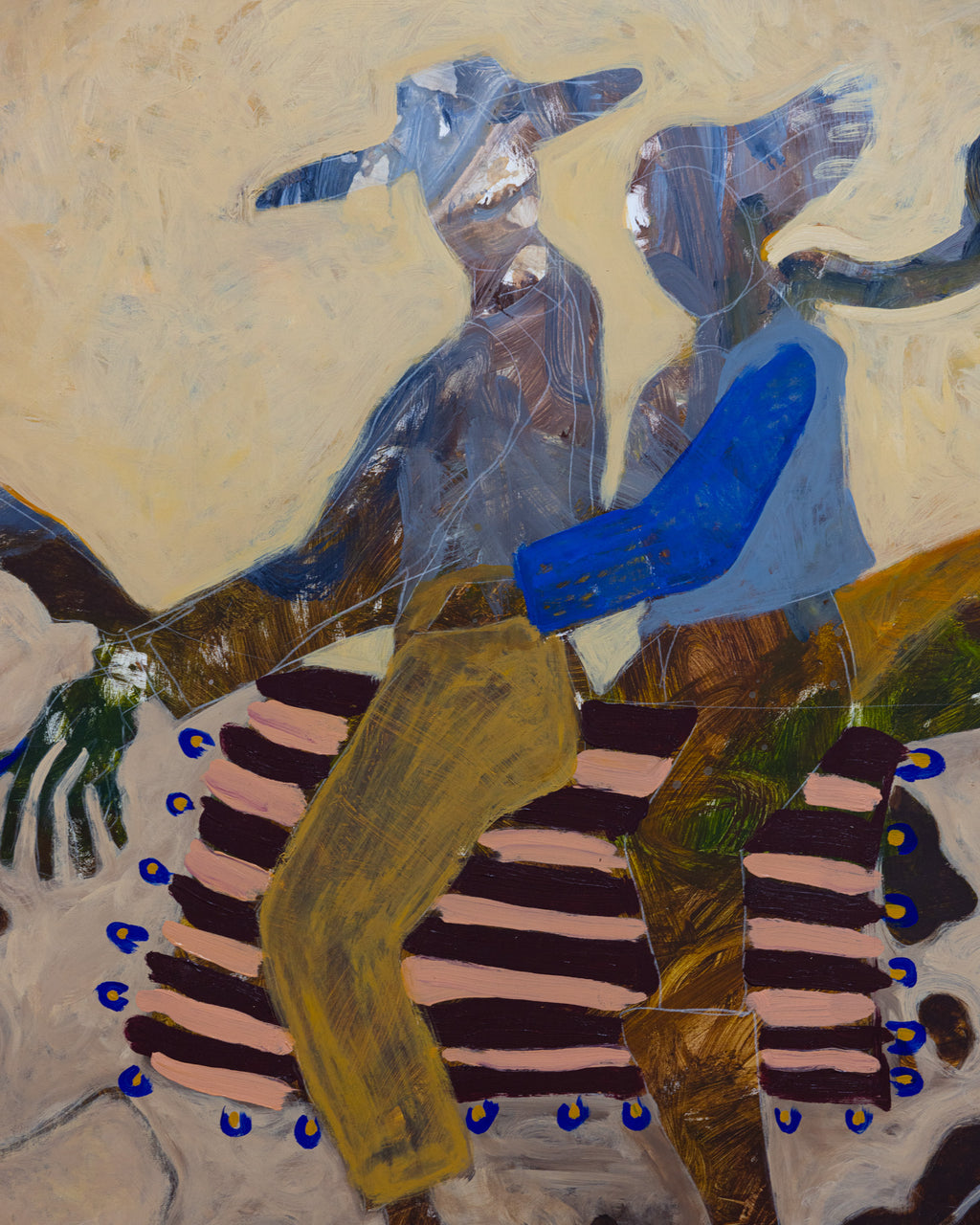 Abstract artwork of two figures holding hands on a beige background.