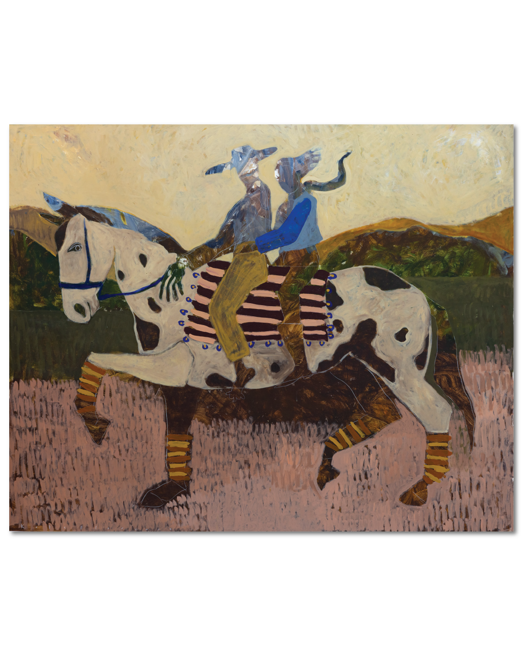 Original acrylic painting of a couple riding a horse. Abstract painting with earthy, warm palette.