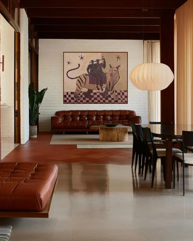 Original painting by Kate Florence of two people riding a tiger. Warm, earthy colour palette.