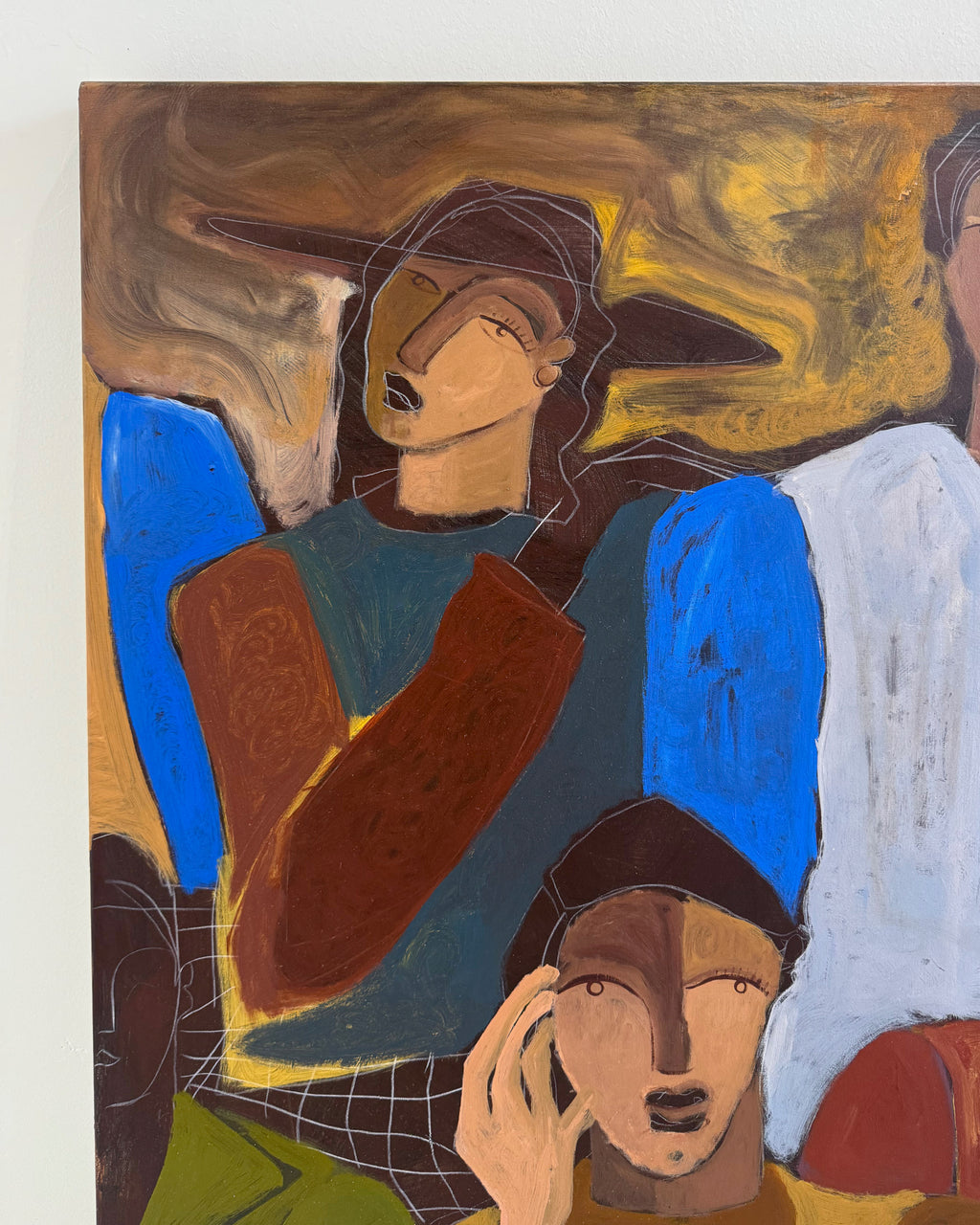 Abstract painting of three figures with exaggerated facial features and bold colors.