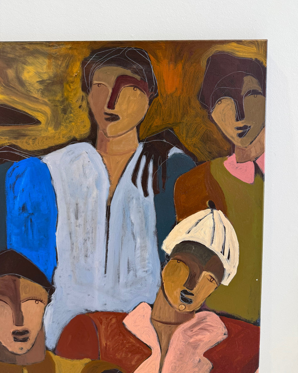 Abstract artwork with stylized human figures in various poses and colors.