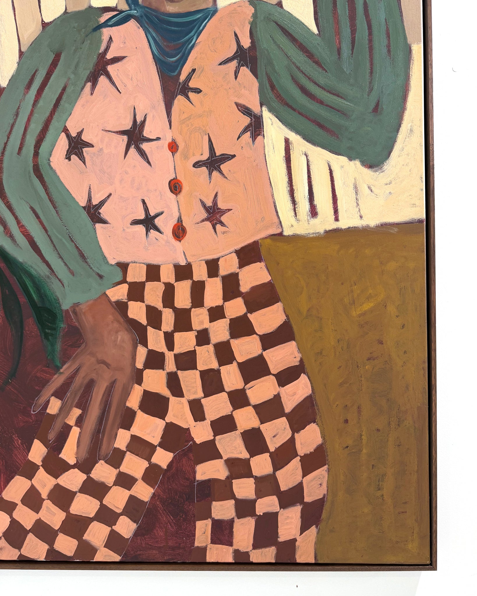 Abstract, playful painting of a two people together wearing a star-patterned cardigan and orange goggles in a stylized setting.  Warm palette and negative space. 