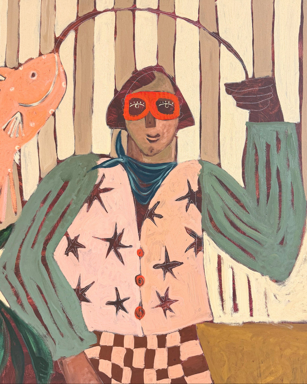 Abstract, playful painting of a person wearing a star-patterned cardigan and orange goggles in a stylized setting. 