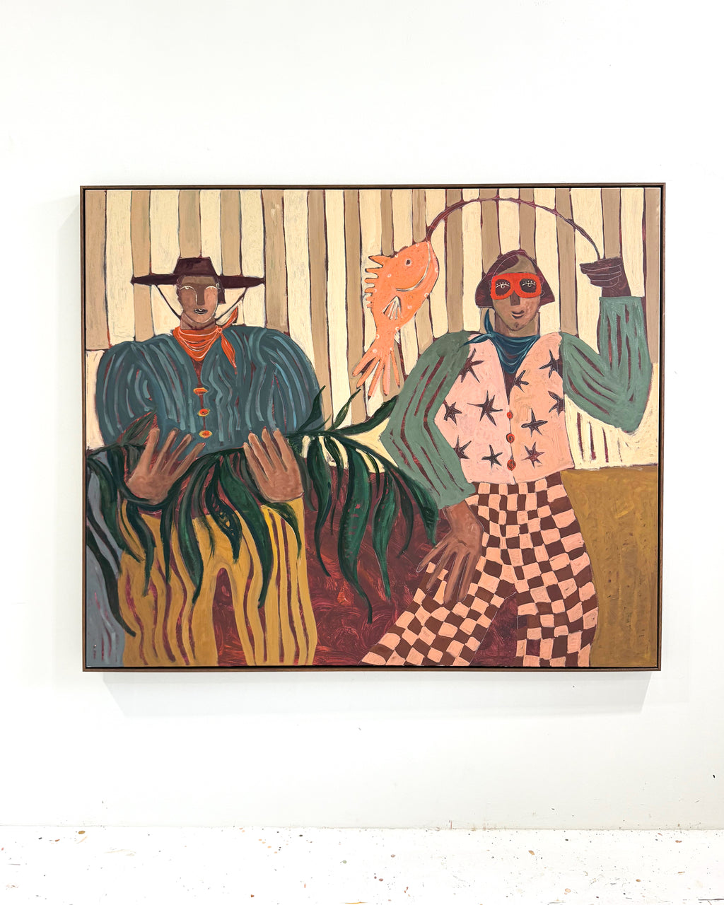 Abstract, playful painting of a two people together wearing a star-patterned cardigan and orange goggles in a stylized setting.  Warm palette and negative space. 