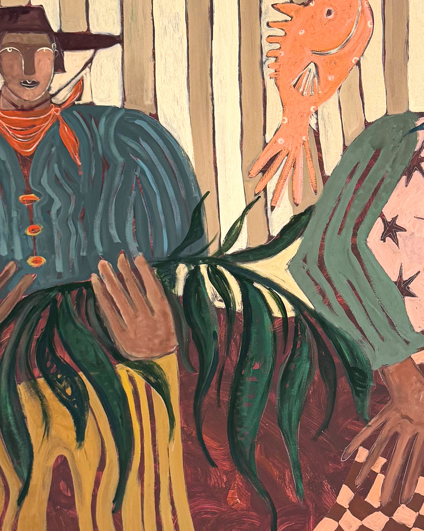 Abstract, playful painting of a two people together wearing a star-patterned cardigan and orange goggles in a stylized setting.  Warm palette and negative space. 