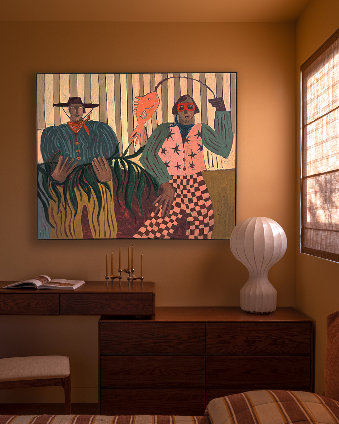 Room interior with an abstract painting of two figures on the wall, a lamp, and a window. Warm palette and negative space. 