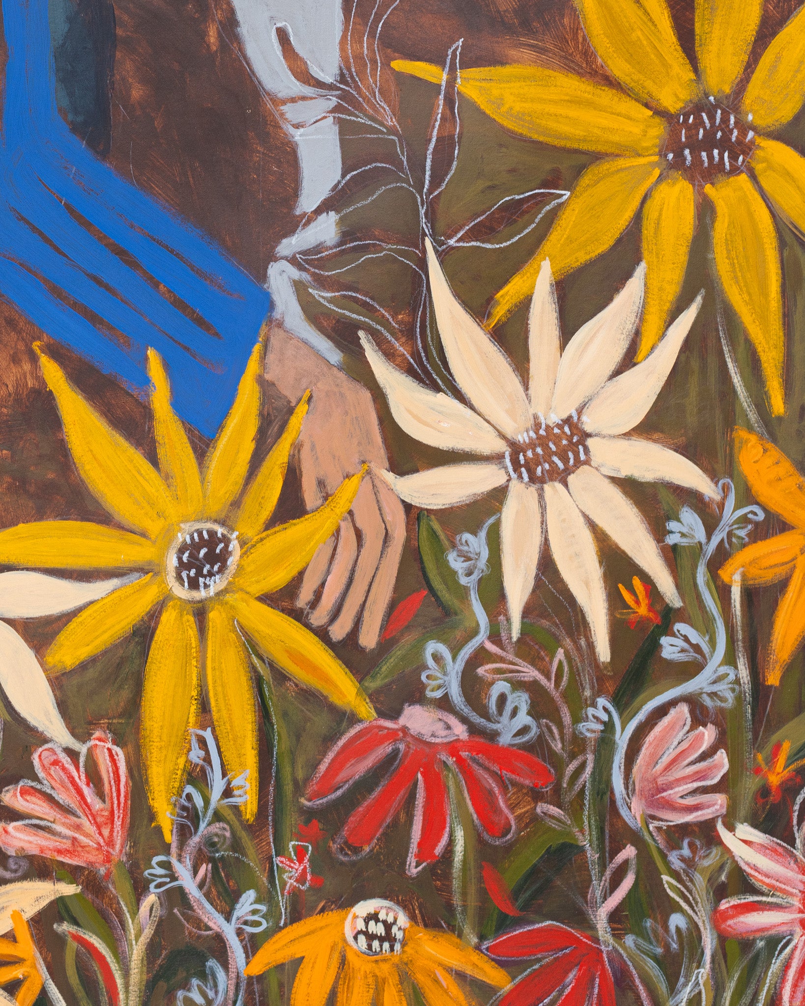 Artistic depiction of a person in a blue sweater surrounded by colorful flowers