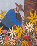 Artistic depiction of a person in a blue sweater surrounded by colorful flowers