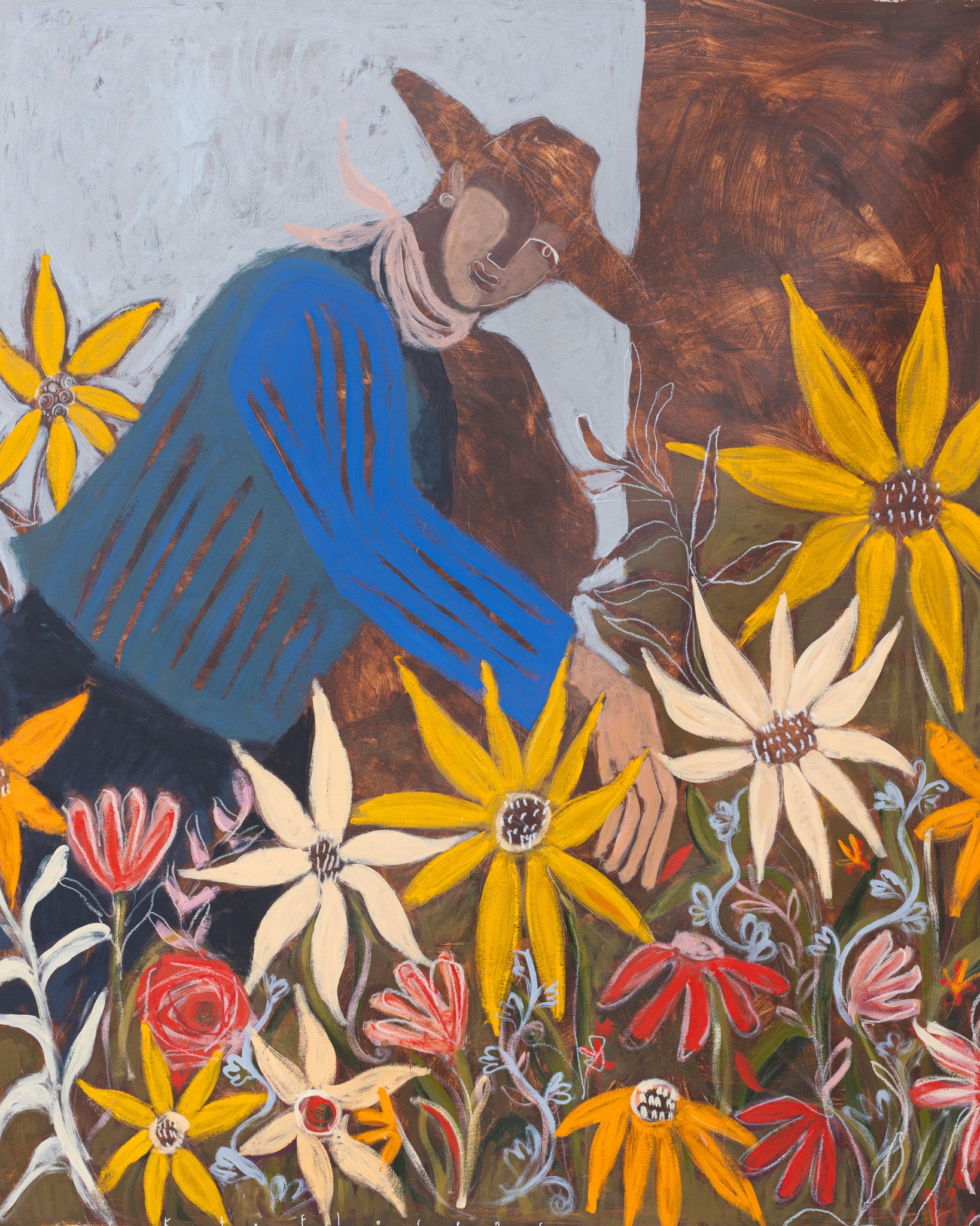 Artistic depiction of a person in a blue sweater surrounded by colorful flowers