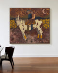 Painting of a couple on a horse in a room with wooden floor and table.