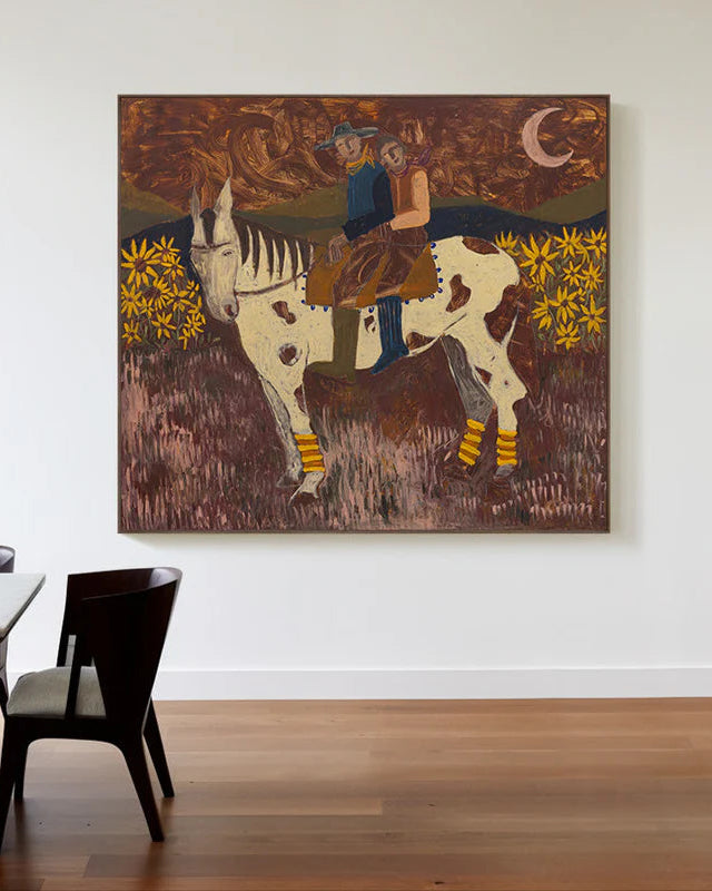 Painting of a couple on a horse in a room with wooden floor and table.