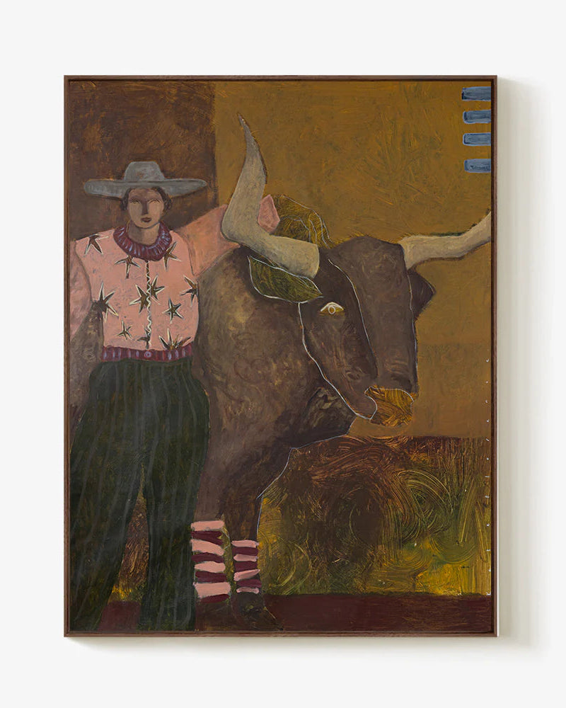 Painting of a person with a cow on a white wall