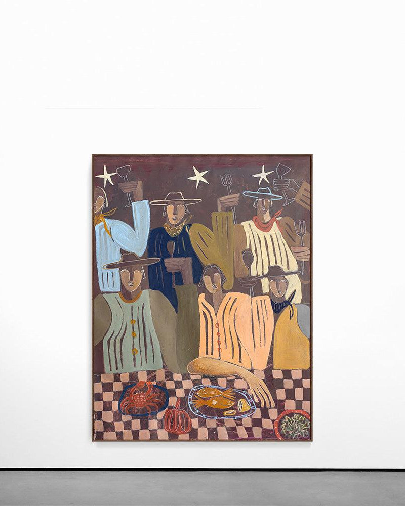 Original artwork with earthy, warm tones of a group of people with a checkered tablecloth gathering around sharing a meal.