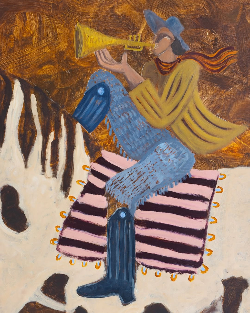 Original acrylic and oil painting of a man playing an instrument on a horse with a warm and nostalgic feeling.