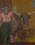 Painting of a person in a cowboy hat standing next to a large bull with a yellowish-brown background