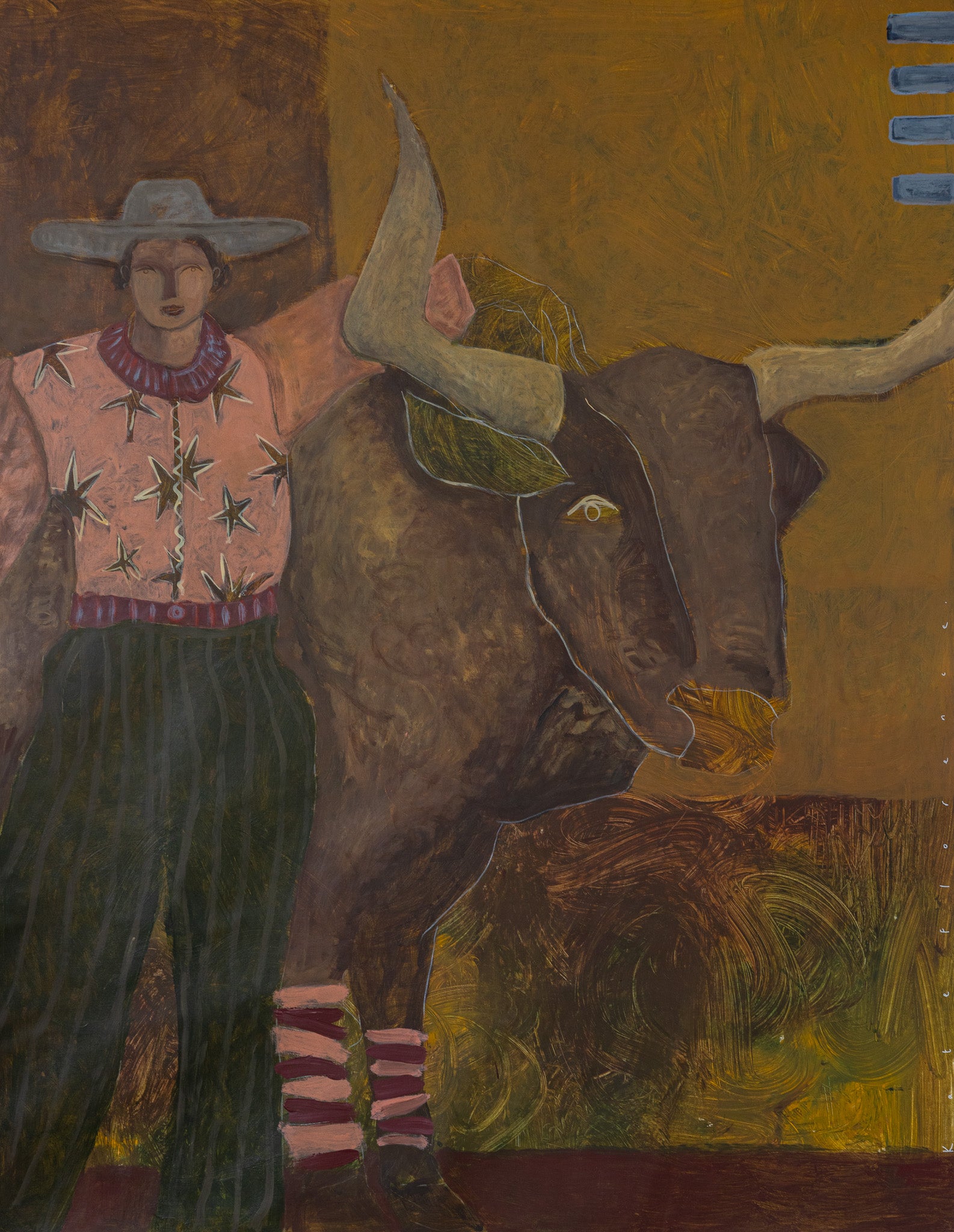 Painting of a person in a cowboy hat standing next to a large bull with a yellowish-brown background