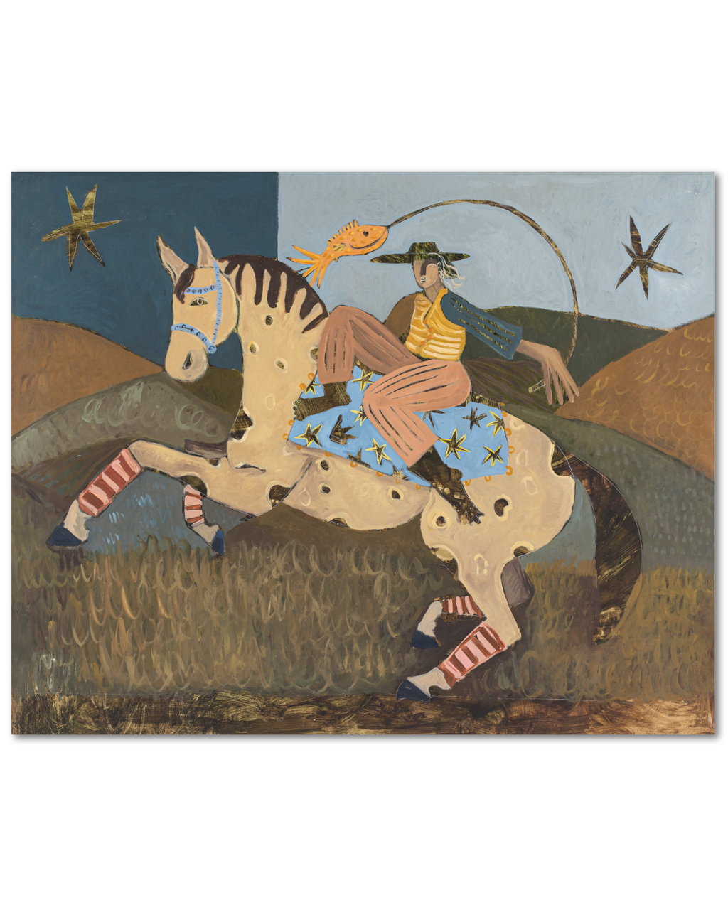 Painting of a cowboy riding a donkey with a starry sky background