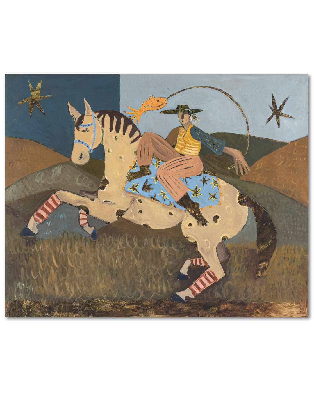 Painting of a cowboy riding a donkey with a starry sky background