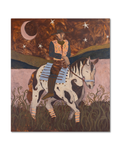 Painting of a person on horseback with a stylized landscape and celestial elements.