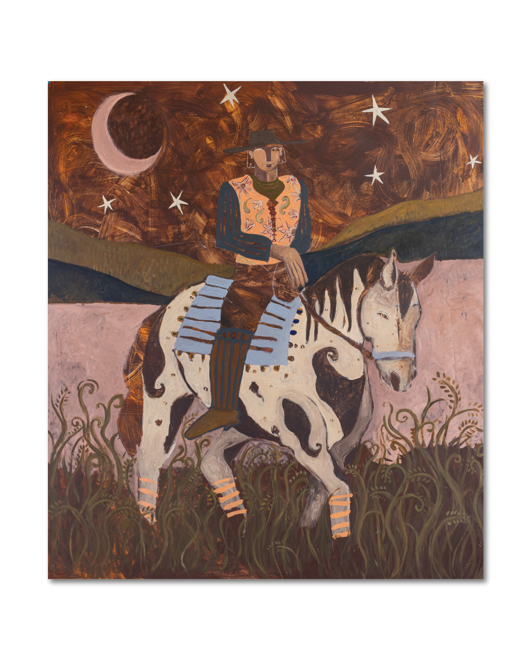 Painting of a person on horseback with a stylized landscape and celestial elements.