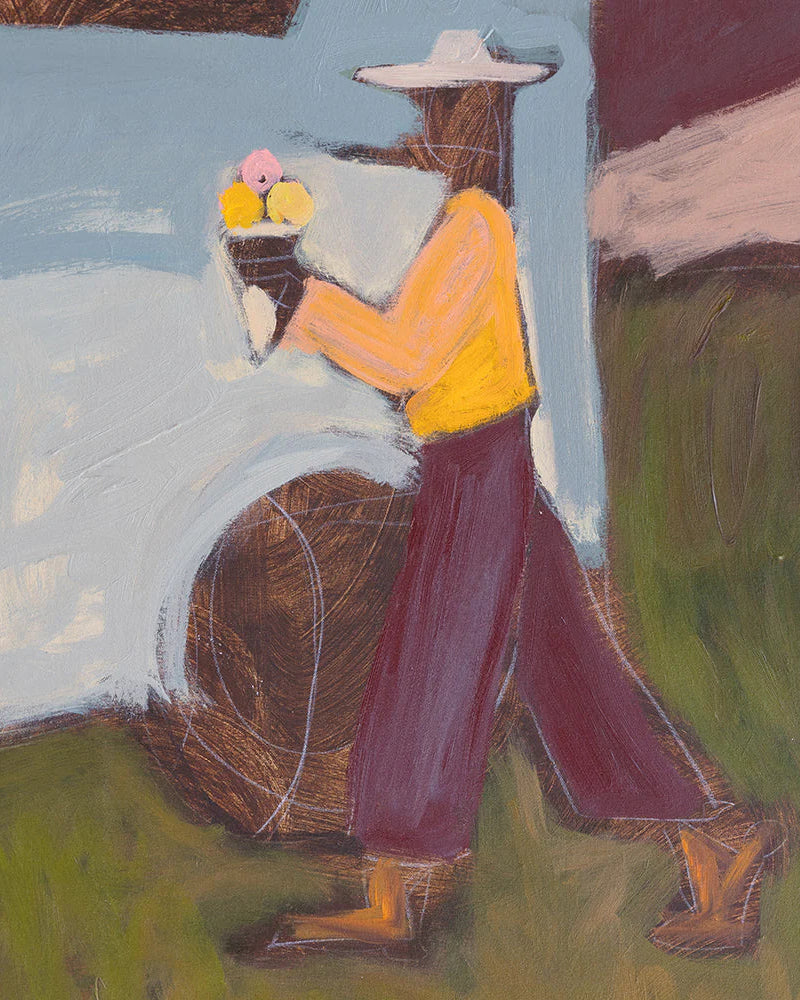 Painting of a person in a yellow shirt and purple pants holding an ice cream. Friendly, warm tones.