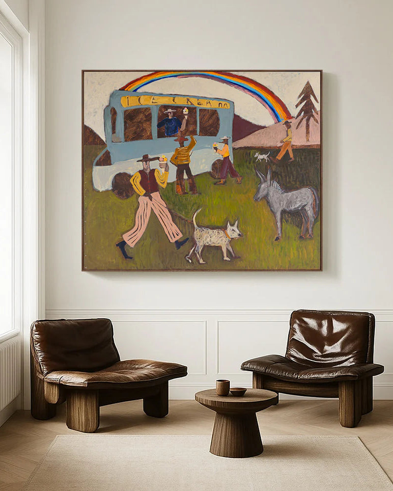 Modern living room with brown leather chairs, and a large colorful acrylic painting on the wall that brightens the space.