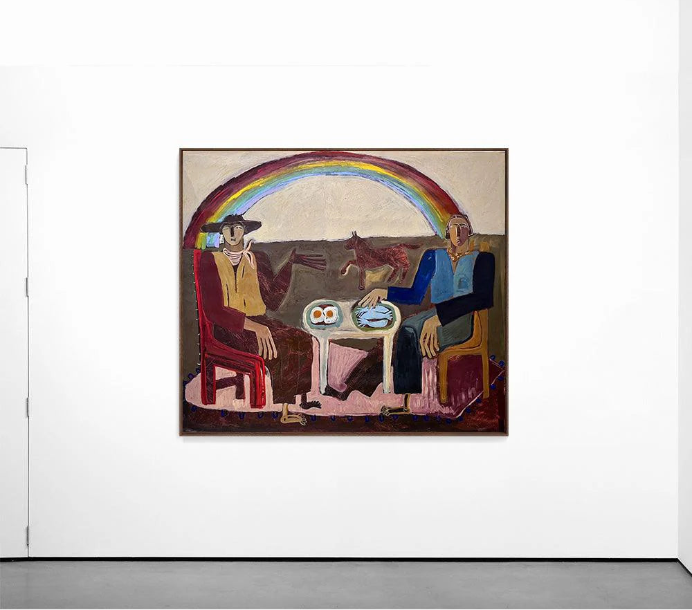 Artistic depiction of two figures at a table with a rainbow above, framed against a white wall.