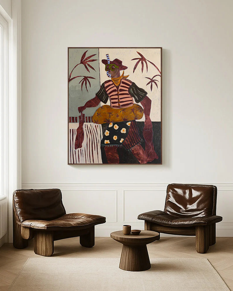 Modern living room with brown leather chairs, and a colorful abstract painting on the wall.
