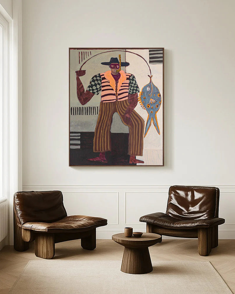 Modern living room with two brown leather chairs, and a large colorful painting on the wall. Original canvas painting of a fisherman with a large fish. Acrylic paint with a very vibrant and playful palette.