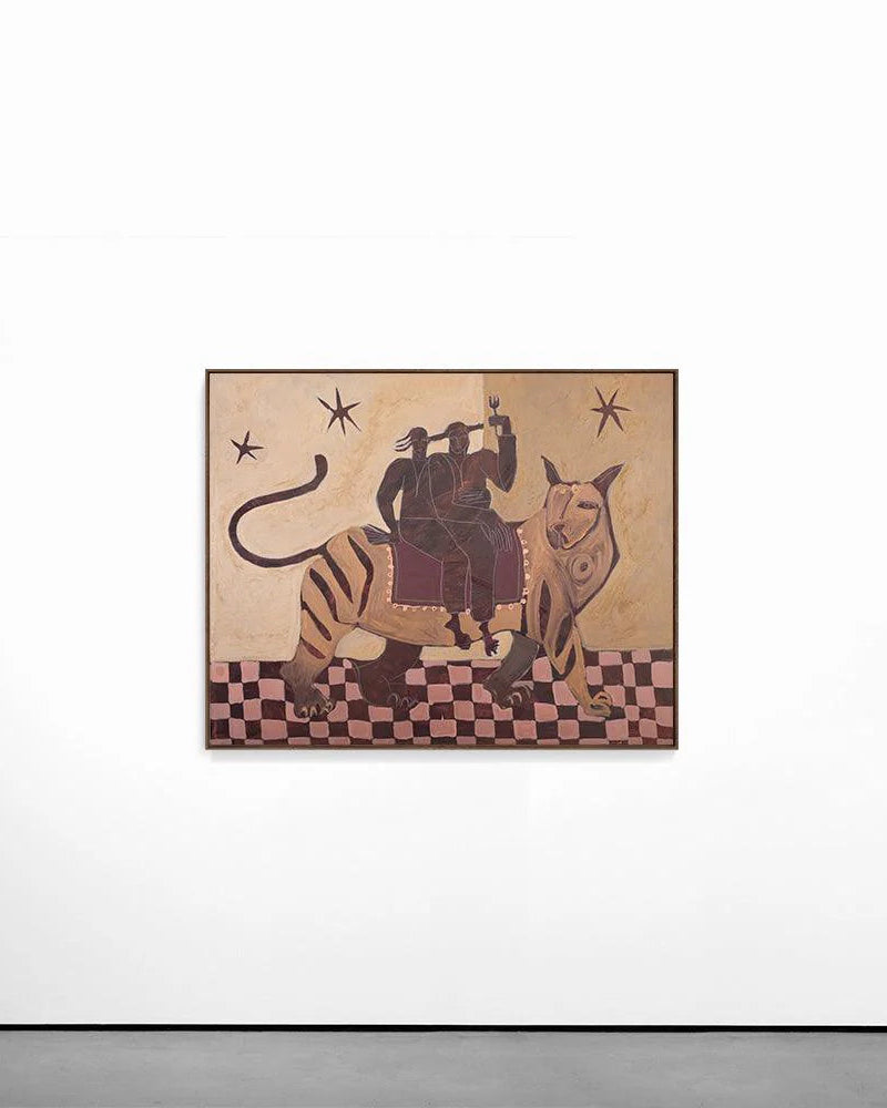 Original painting by Kate Florence of two people riding a tiger. Warm, earthy colour palette.
