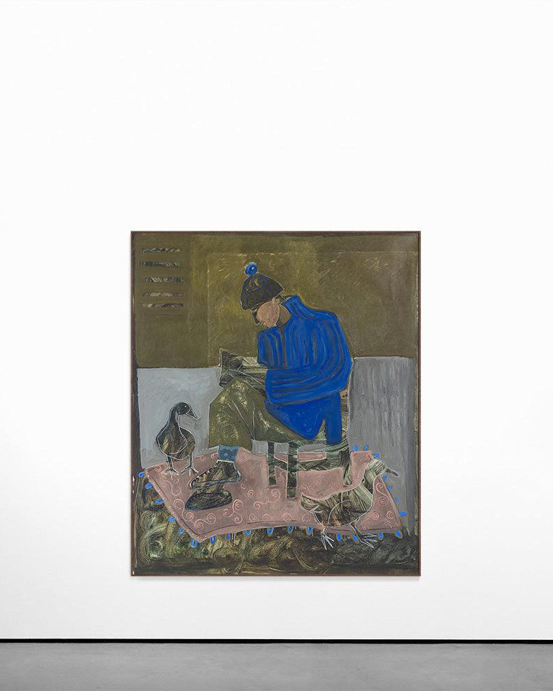 Original painting of a person sitting on a chair reading a book with a bird with blue, green earthy tones. 