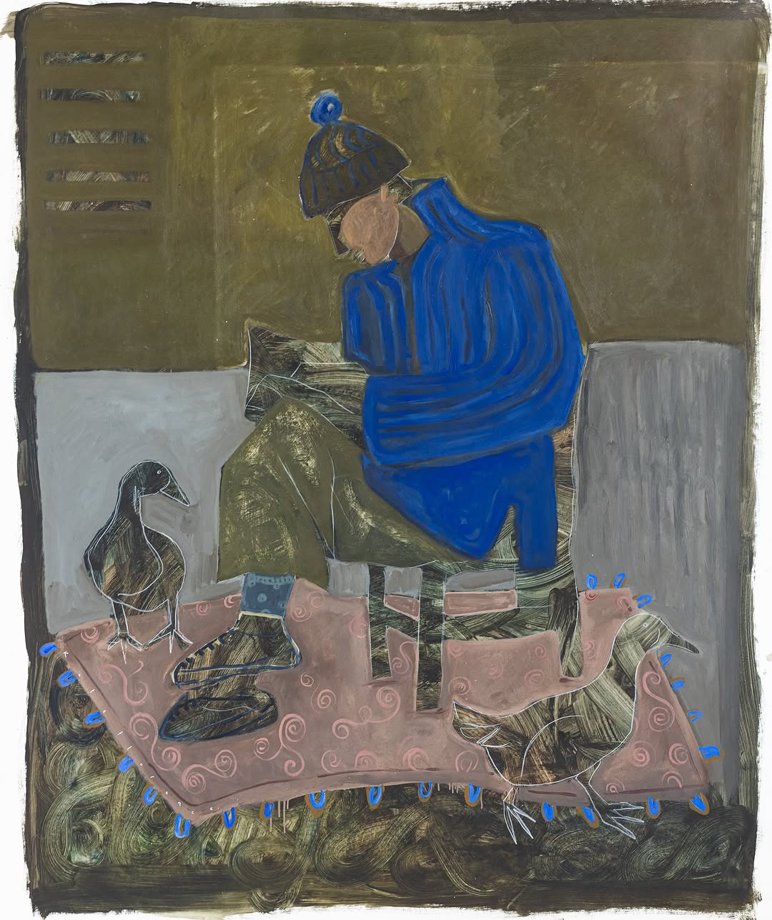 Abstract artwork of original painting of a person sitting on a chair reading a book with a bird with blue, green earthy tones. 