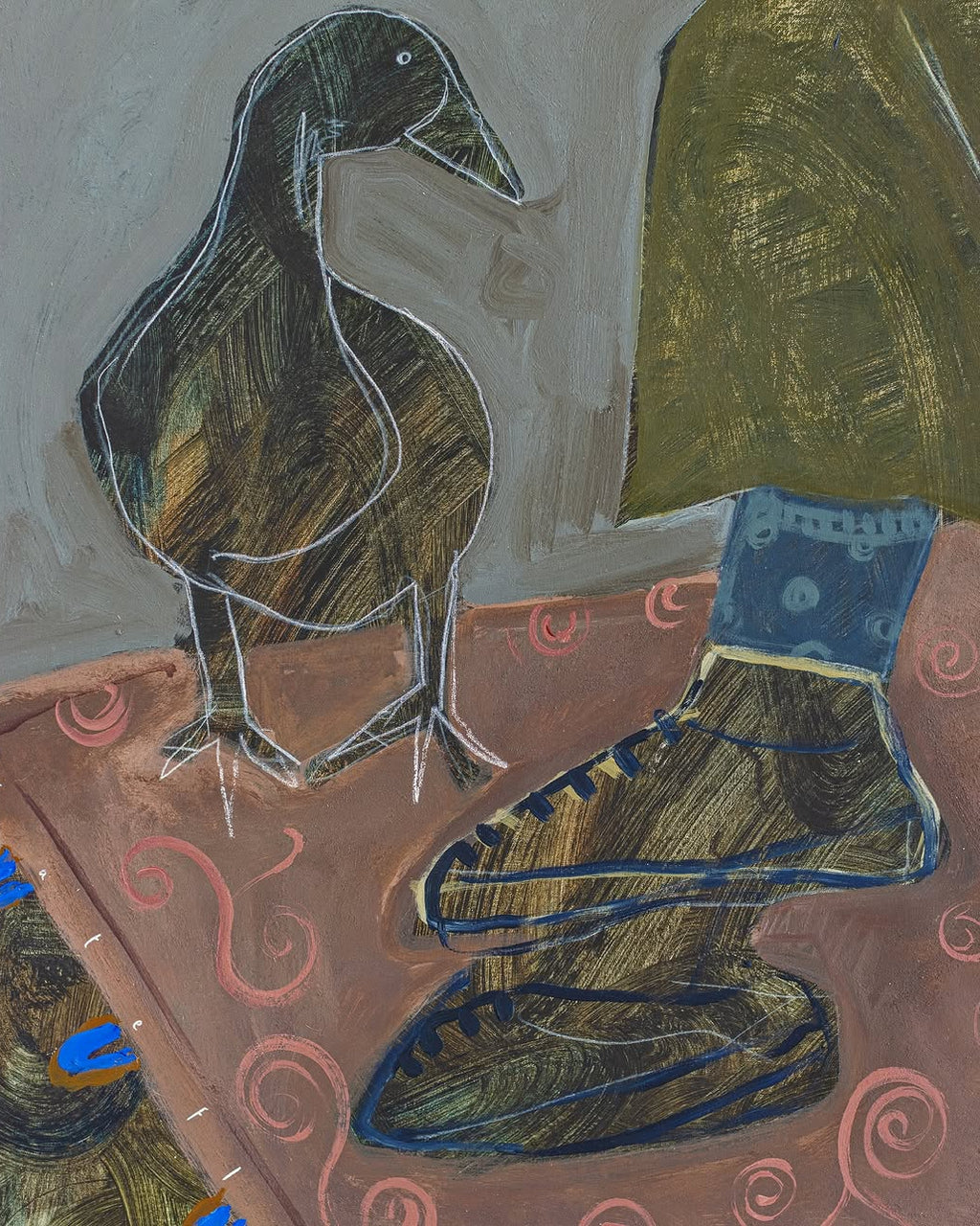 Abstract artwork. Original painting of a person sitting on a chair reading a book with a bird with blue, green earthy tones. 