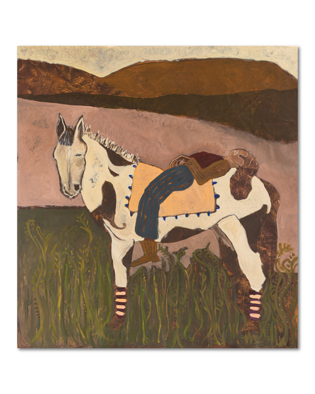 Painting of a horse with a saddle in a natural landscape