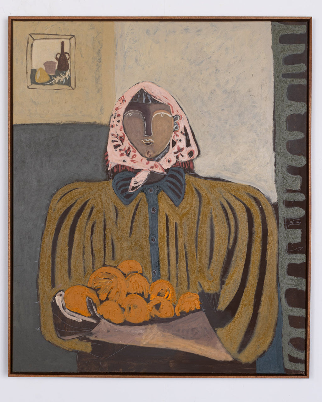 A painting featuring a figure wearing a headscarf, dressed in earthy tones, holding a basket of oranges. The figure is seated, and the artwork has a framed walnut frame, though the frame is not included with the sale.