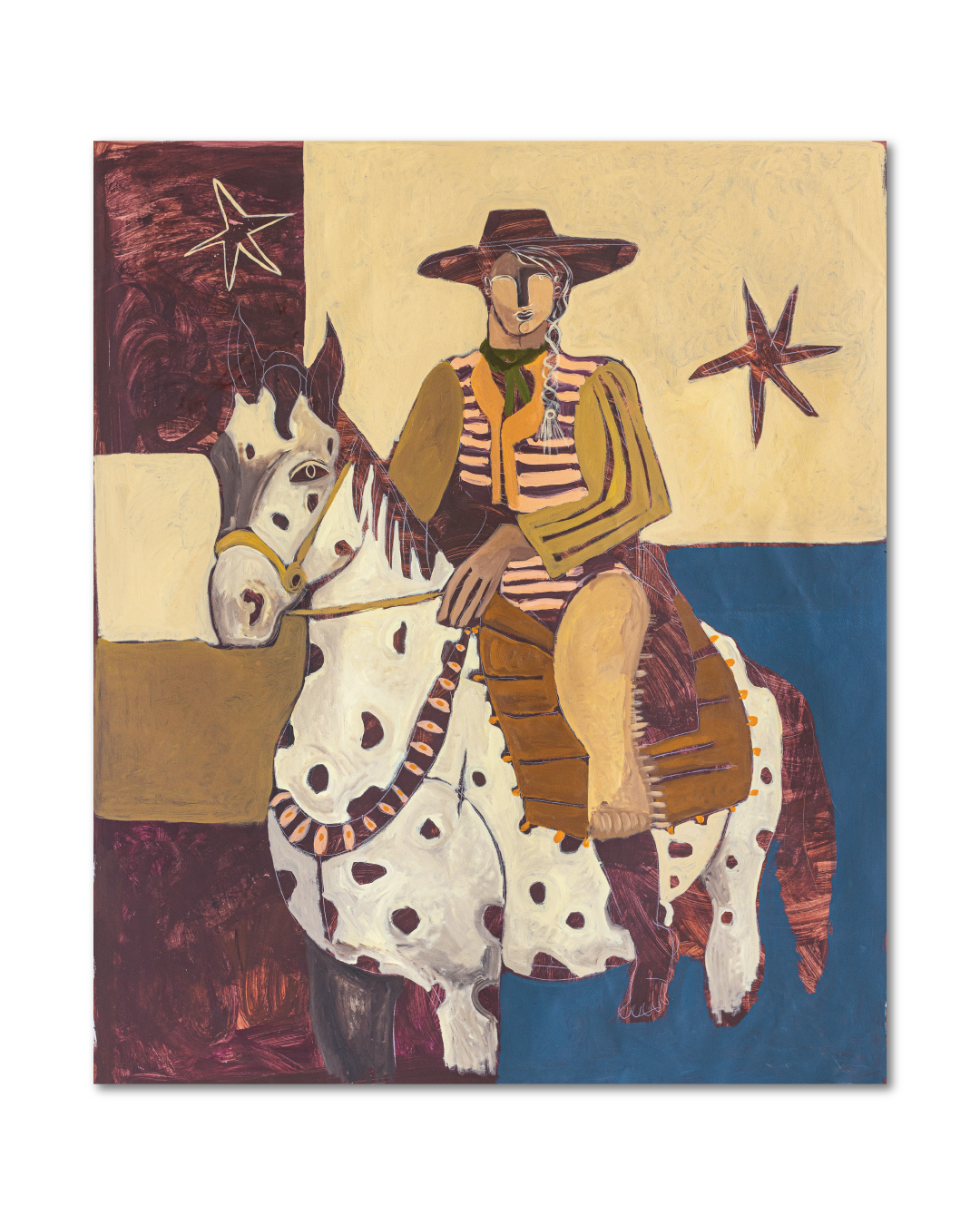 Painting of a cowboy on a horse with a starry background