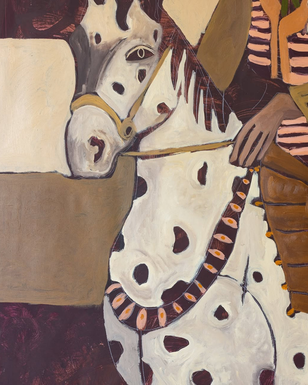 Original artwork of a horse with a rider, featuring abstract patterns and colors.